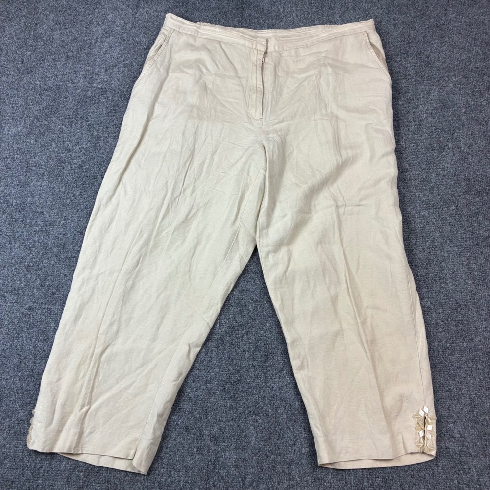 Ruby Rd Womens 16 Beige Linen Blend Cropped Pants Beaded Hem‎ Capris Tan